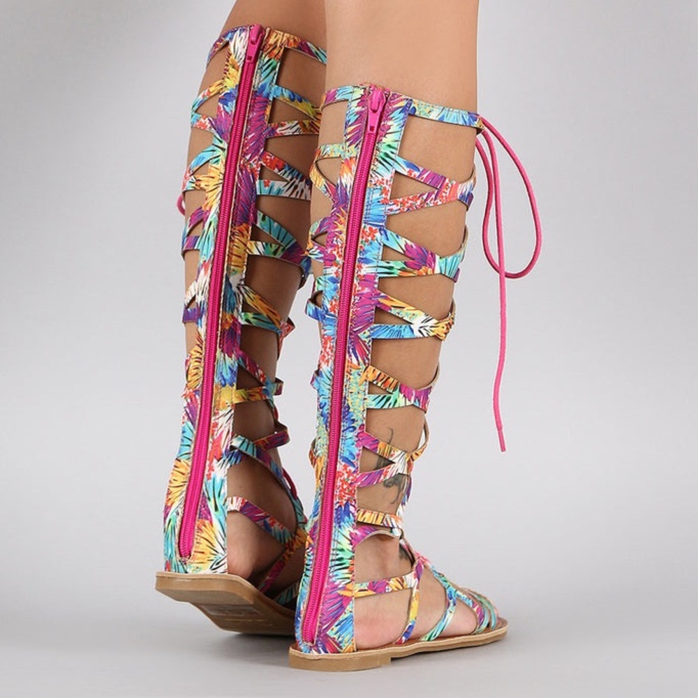 Qupid Floral Strappy Cage Lace Up Gladiator Flat Sandal